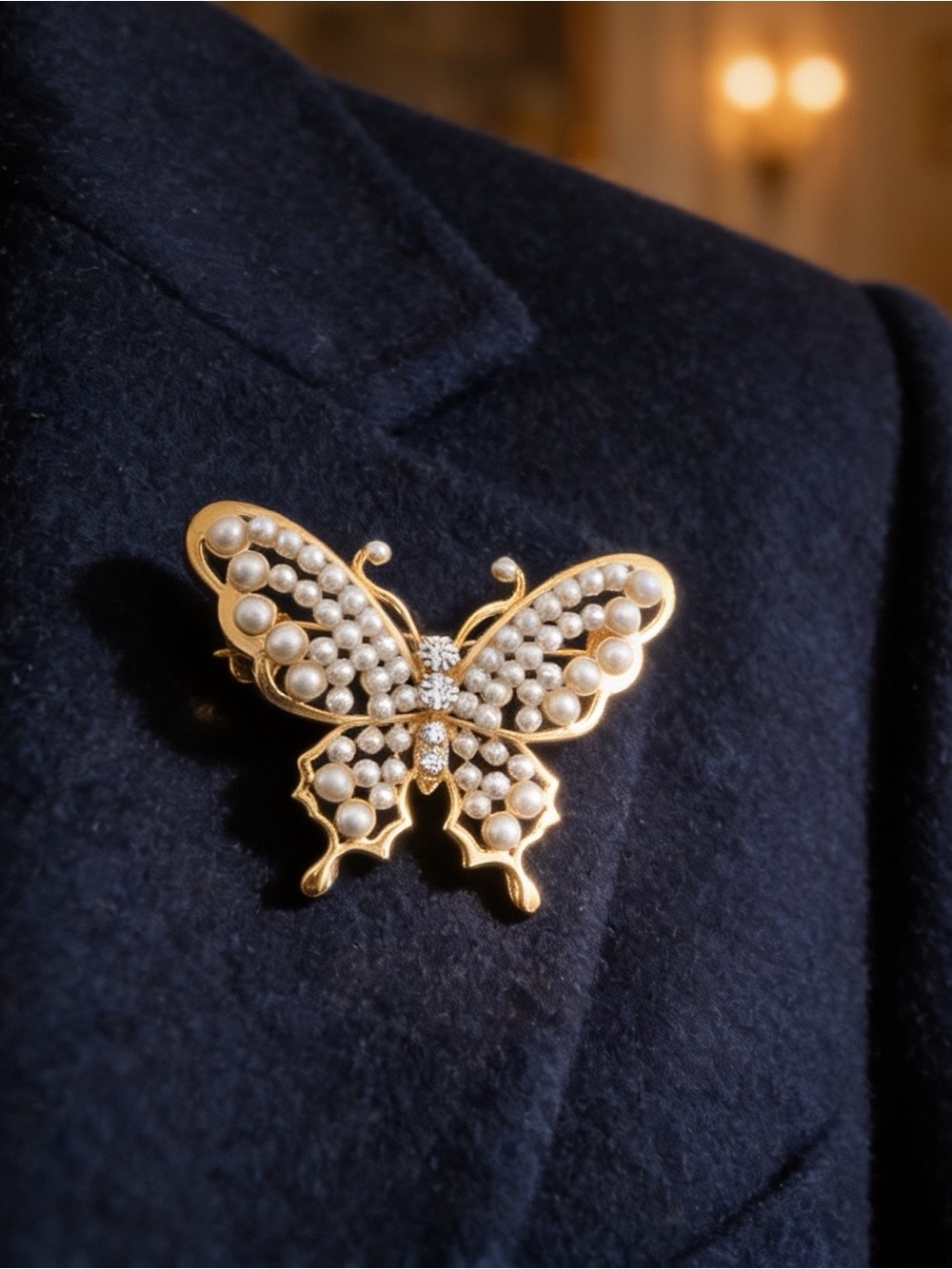 Gold Tone Butterfly Brooch Faux Pearl & Rhinestone Butterfly Pin